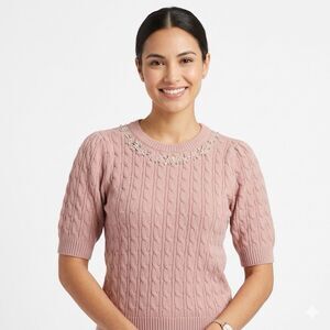 Elie Tahari Sweater Embellished Rhinestones Collar Wool Preppy Chic Pink-M